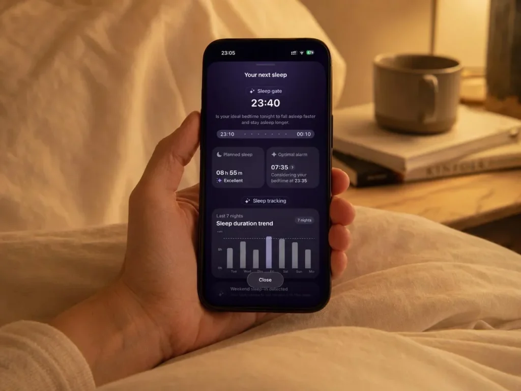 Pantalla Sleep Gate de WonderWake en un iPhone con la hora sugerida para dormir y la tendencia de sueño de los últimos 7 días
